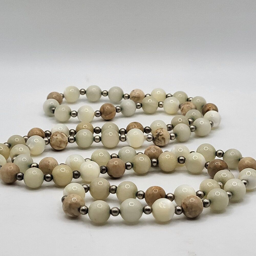 Vintage Jasper Stone Bead Strand Necklace Beige Ivory Brown Polished Marbled 30"